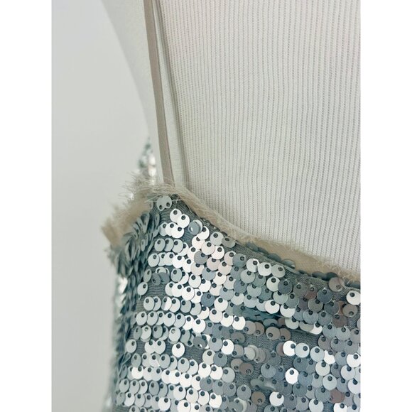 Mango Silver Sequin & Mesh Trim V-Neck Spaghetti Strap Mini Party Cocktail Dress - Picture 9 of 16